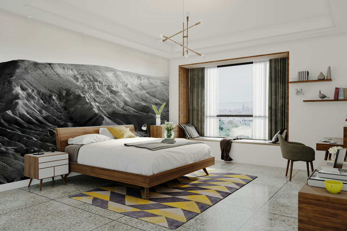 A peaceful natural canyon mural on decorative wallpaper.

