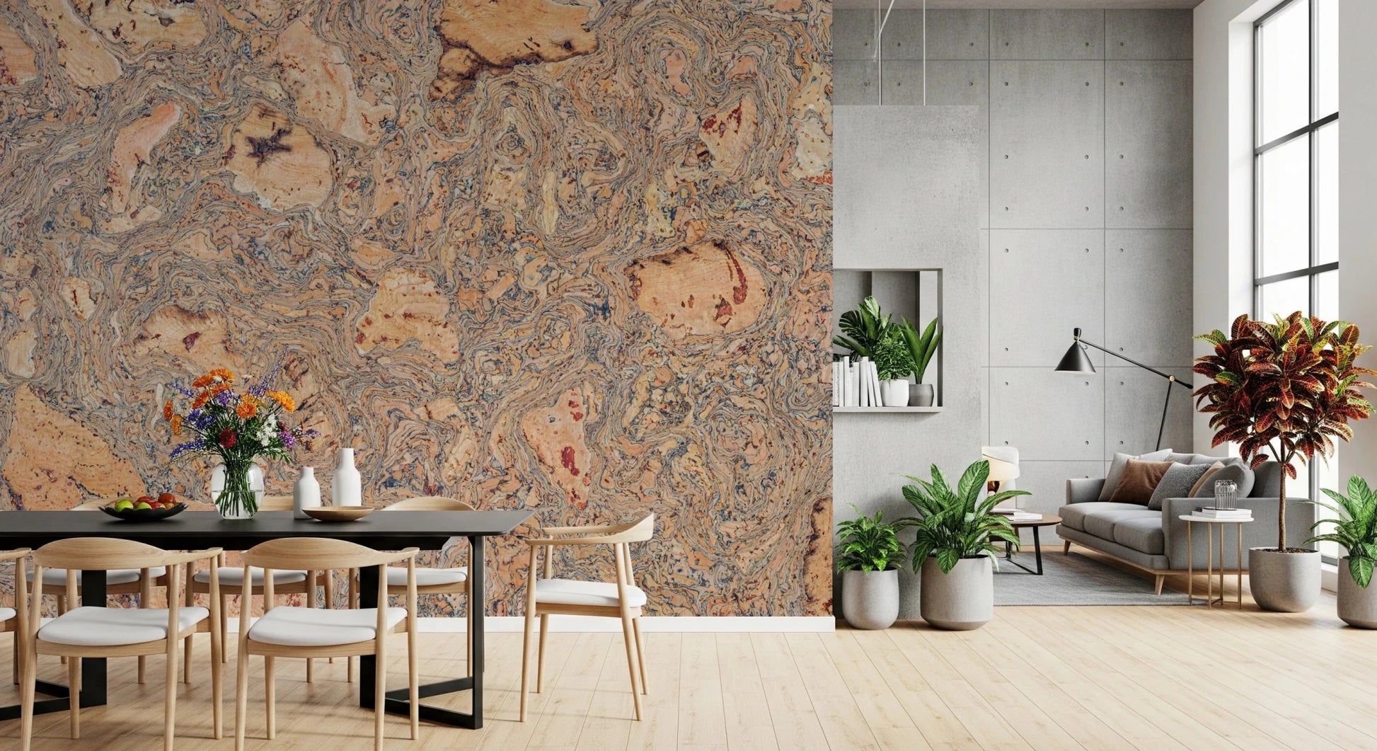 Textured Natural Cork Background Wall Mural for dining area with organic swirling grains