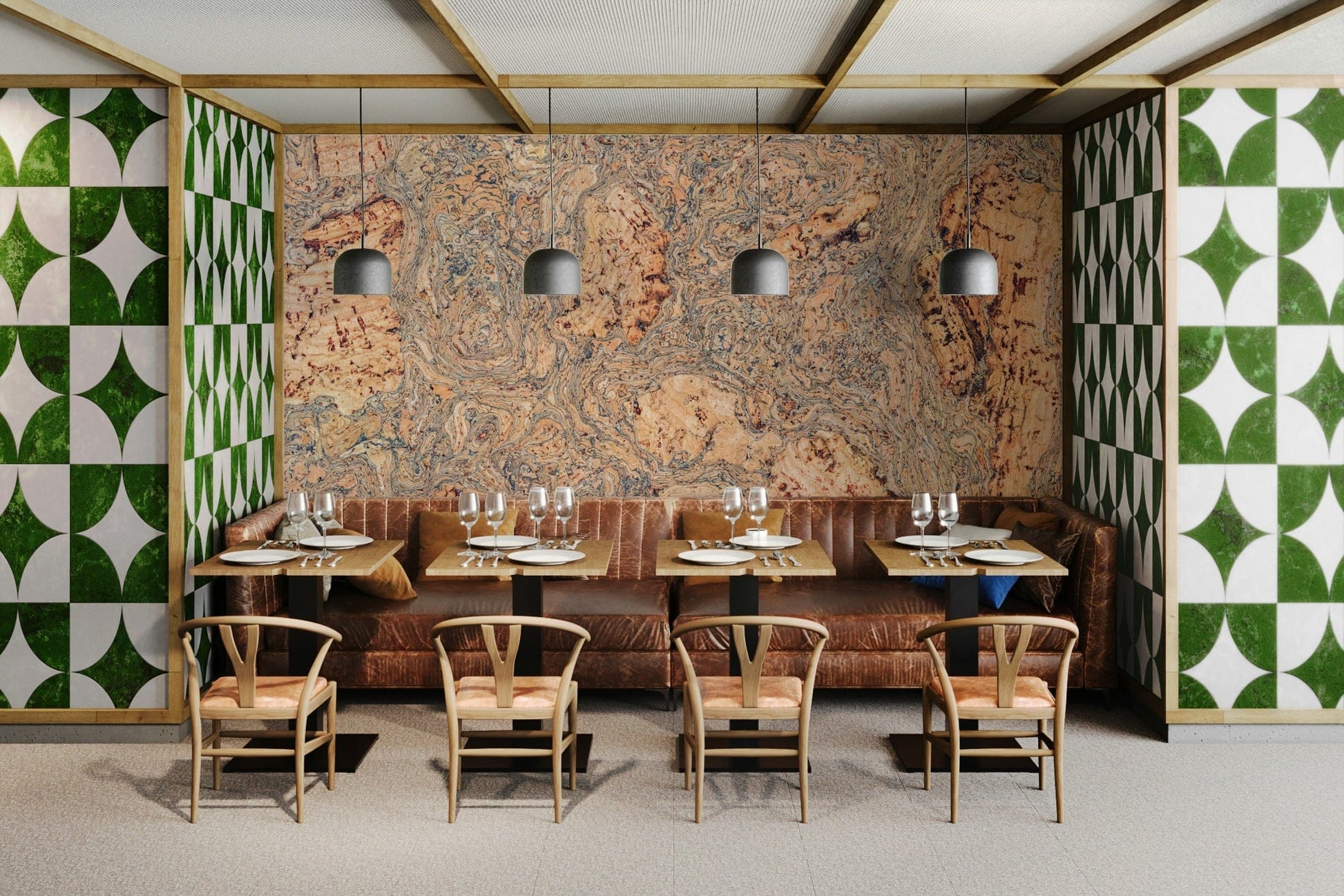 A high-angle view of the wall mural in a large space.