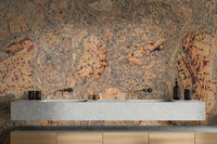 A minimalist interior with the organic-themed wallpaper.