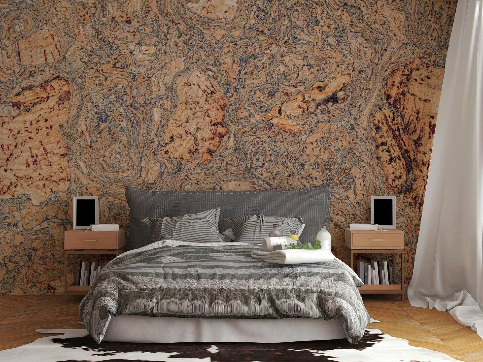 A living room featuring the natural bark wall mural.