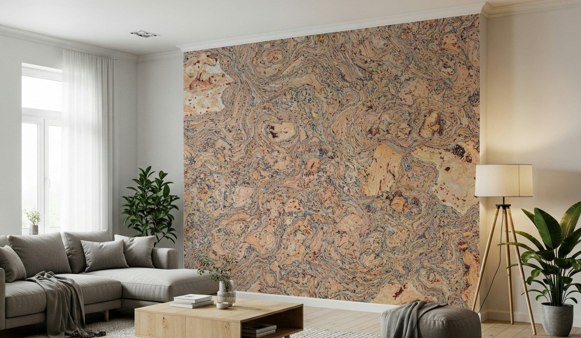An artistic wall mural of granulated, pressed natural cork material.