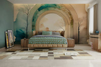 Peaceful nature-inspired portal design in the wall mural.

