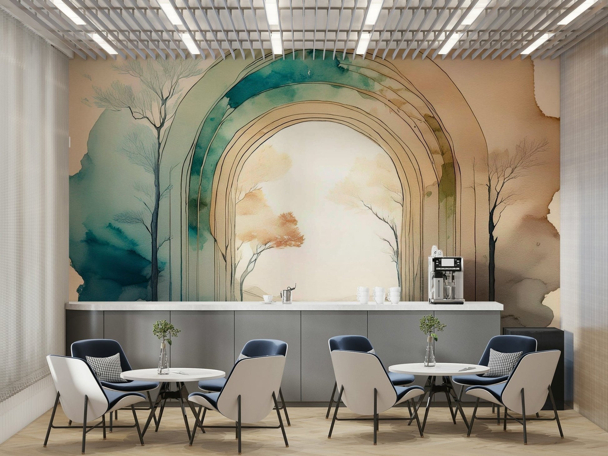 Dreamlike open portal design leading to nature in wall mural.

