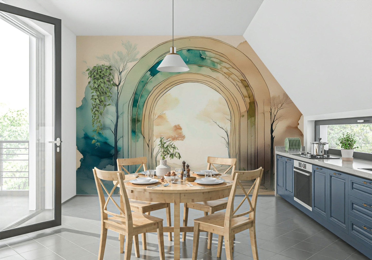 Serene nature scene framed by plants in the Natural Dream Portal mural.

