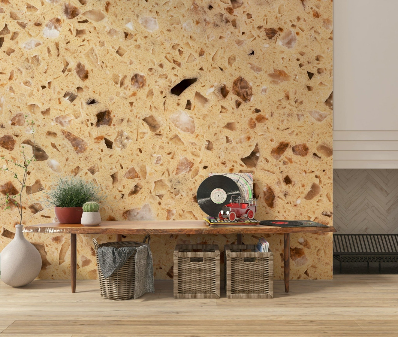 Quartz Terrazzo Speckled wall mural earthy tan colors.