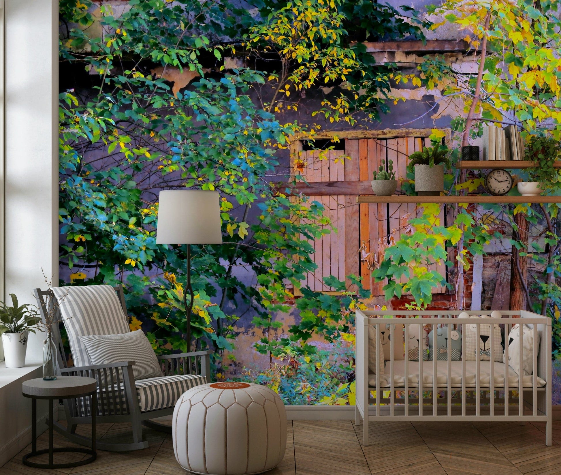 Overgrown Doorway mural in reading nook, neutral furniture, green ivy detail