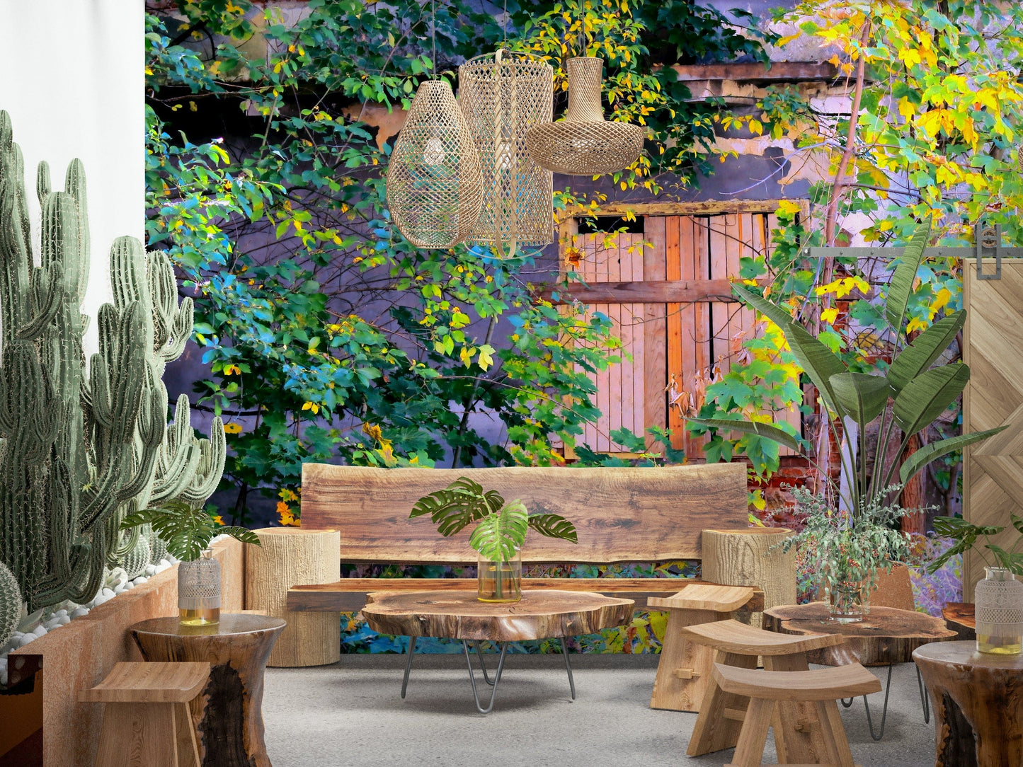 Stone ruin doorway wallpaper in hallway, soft light, botanical vines on grey wall