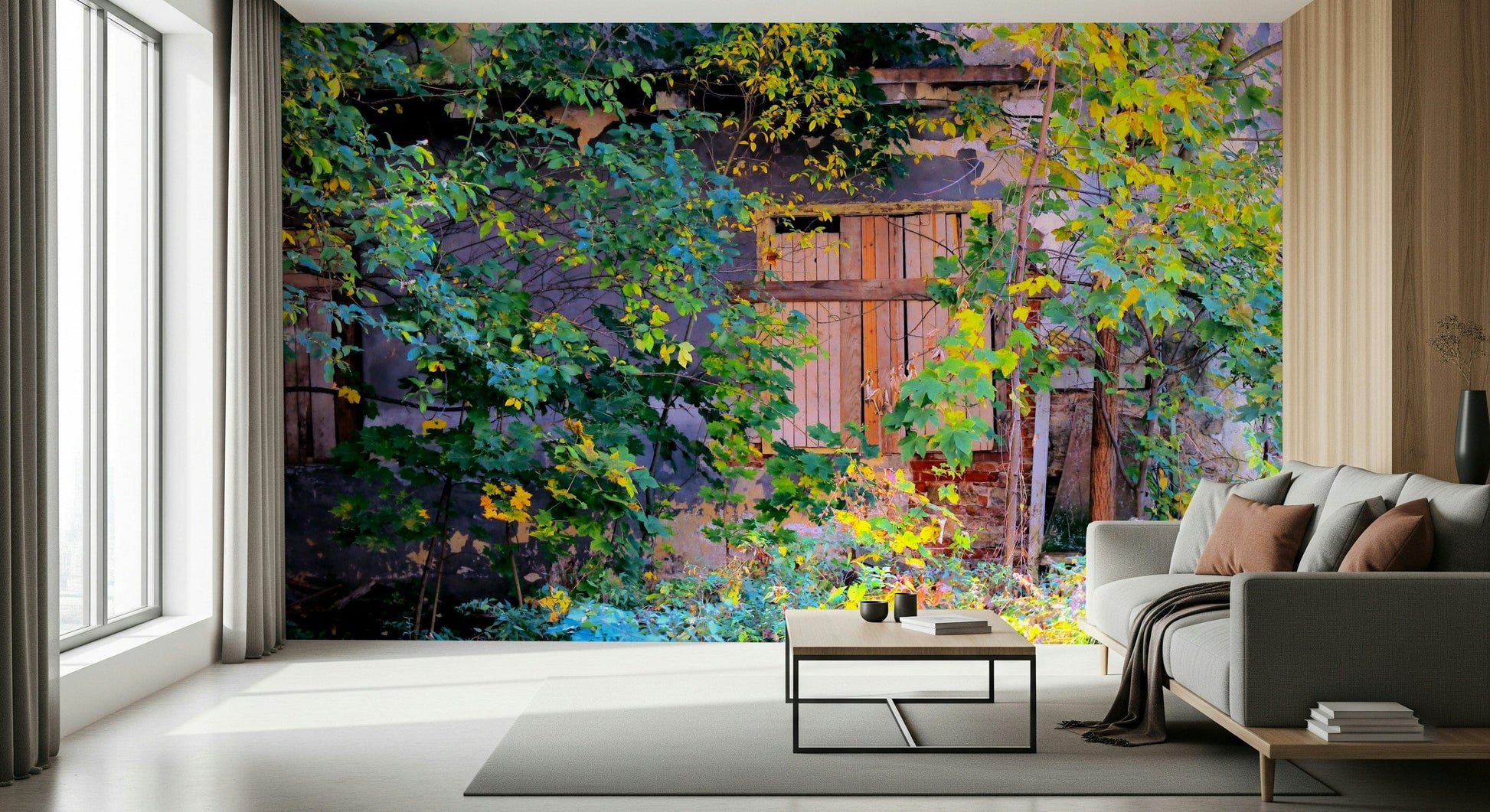 Overgrown ruins wall mural for office, modern wall decor, mossy arch scene