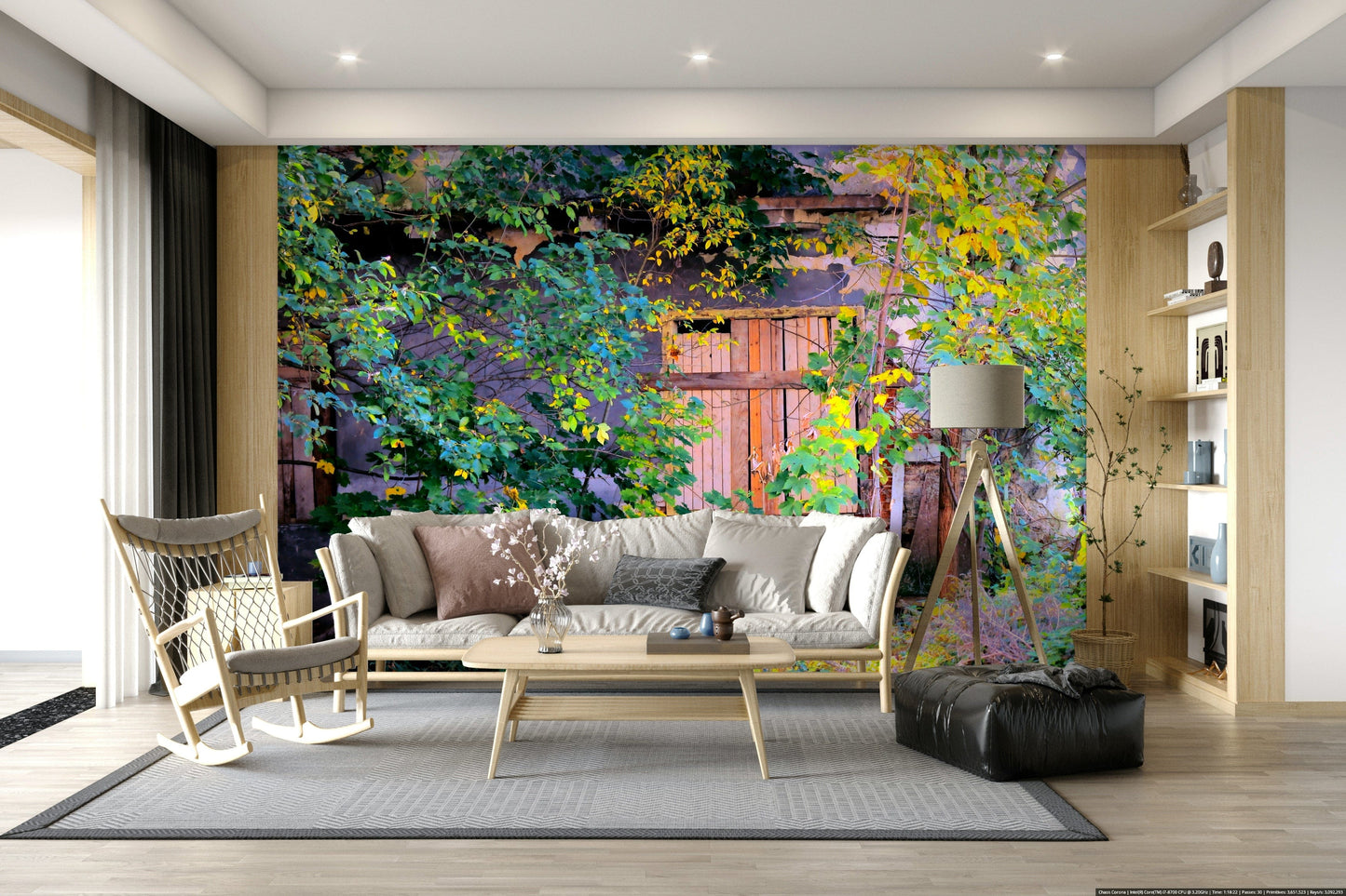 Moody nature ruins wall mural behind sofa, modern apartment decor, moss tones