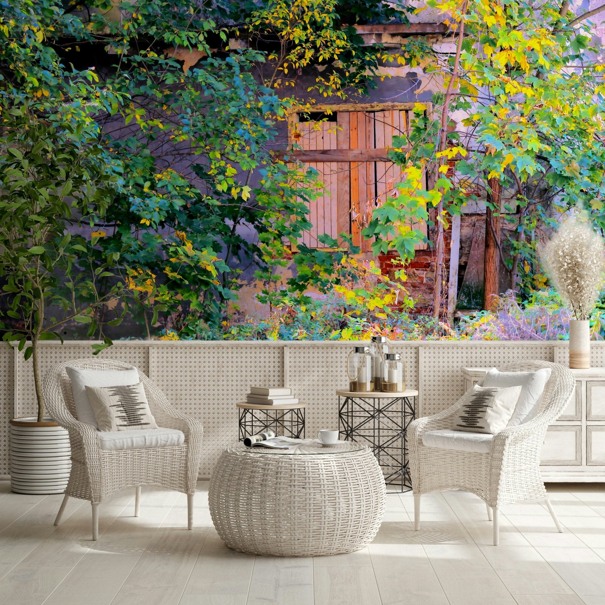 Nature reclaimed doorway wall mural in dining space, modern decor, muted greens