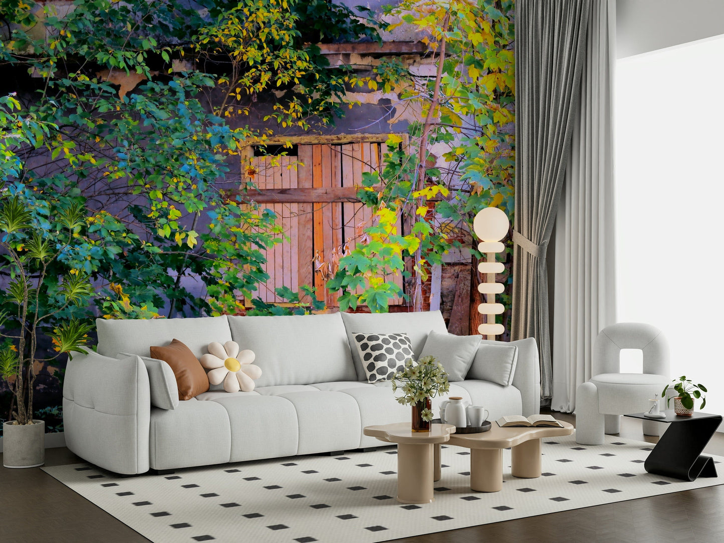 Overgrown Doorway wall mural in home office, stone arch with vines, green grey