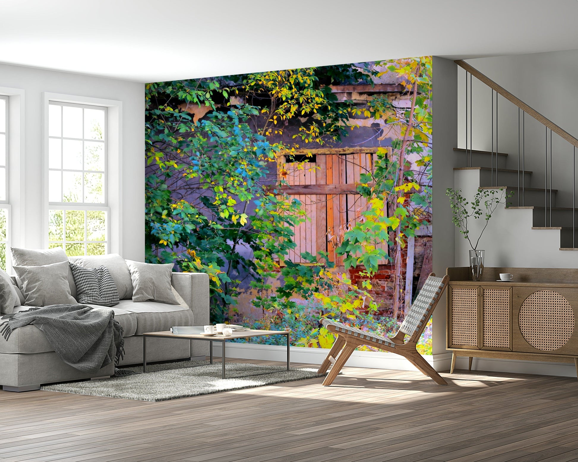 Forest ruins doorway wallpaper on feature wall, minimalist lounge, earthy colour