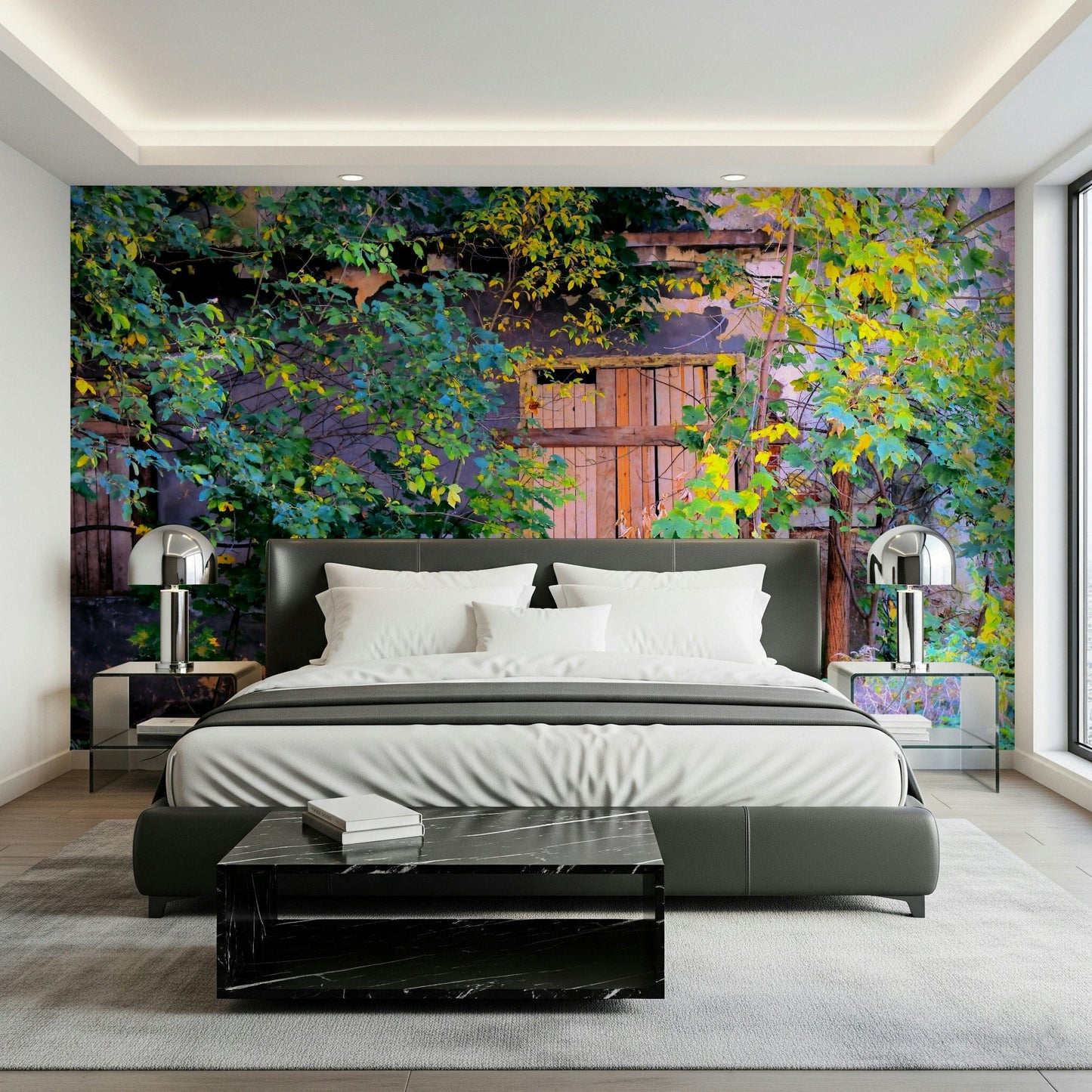 Rustic stone arch mural with creeping plants, contemporary living room feature wall