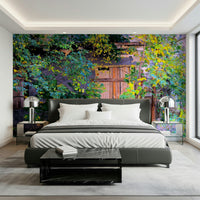 Rustic stone arch mural with creeping plants, contemporary living room feature wall