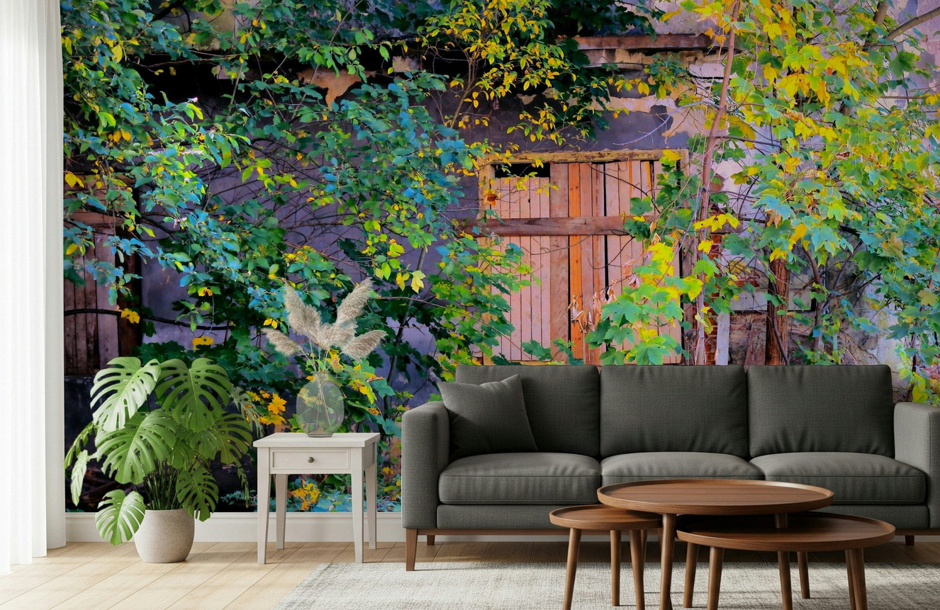 Overgrown ruins doorway mural in modern living room, green stone arch wall