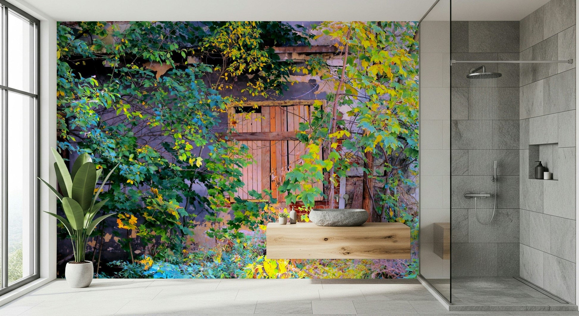 Abandoned ruins arch mural in bedroom, calm lighting, green foliage on stone