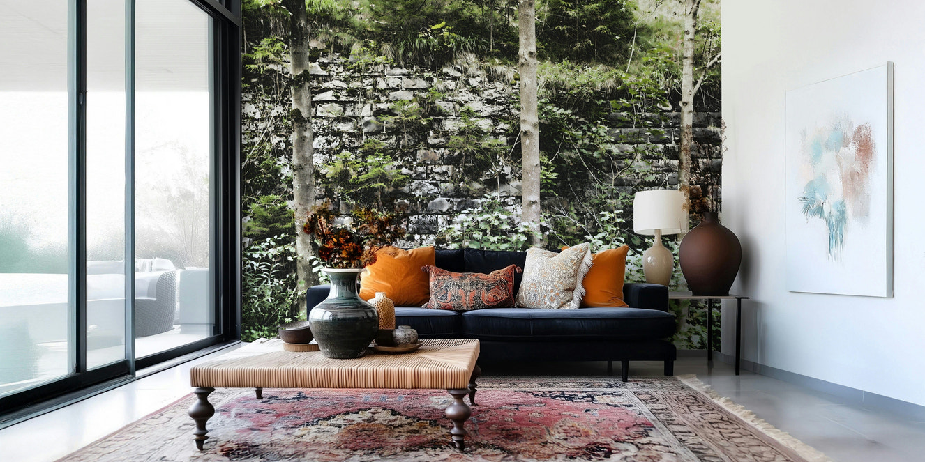 Overgrown stone wall mural in modern living room, soft green foliage tones