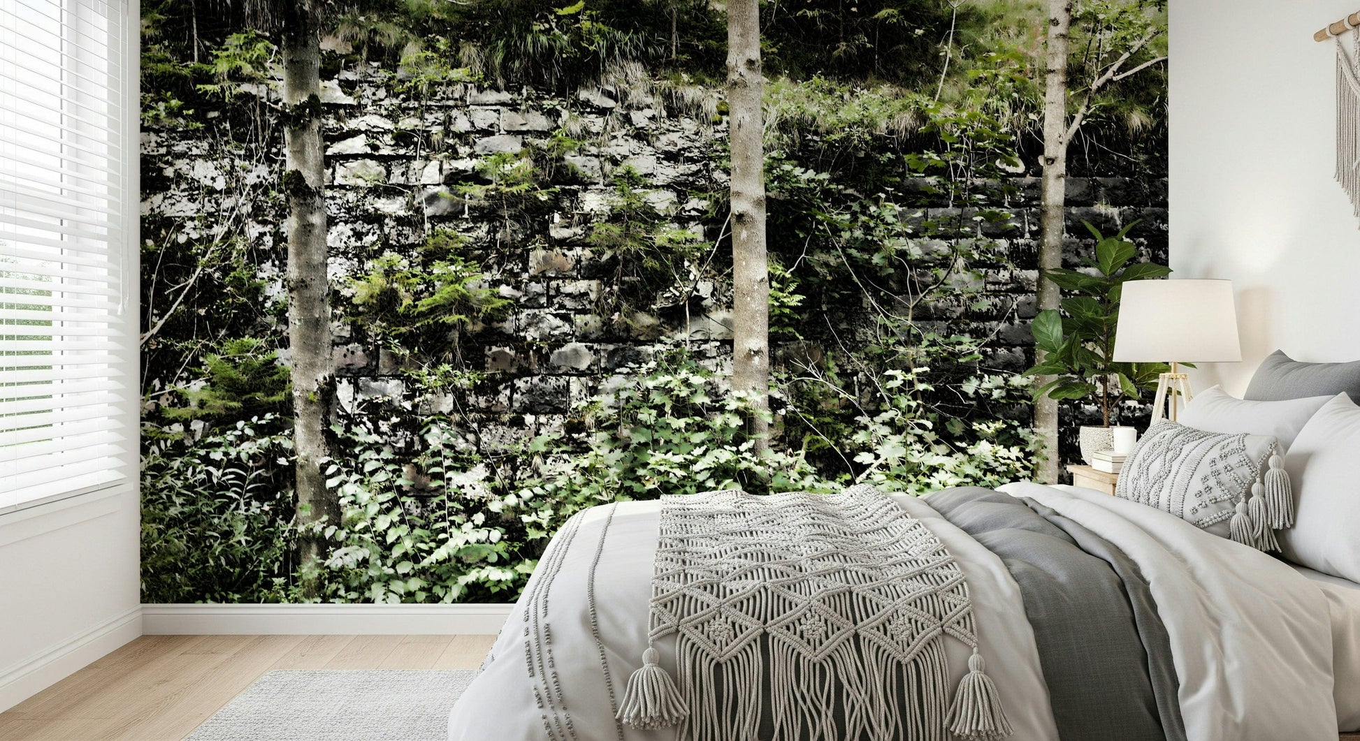 Overgrown Serenity mural on feature wall, modern apartment styling, plants