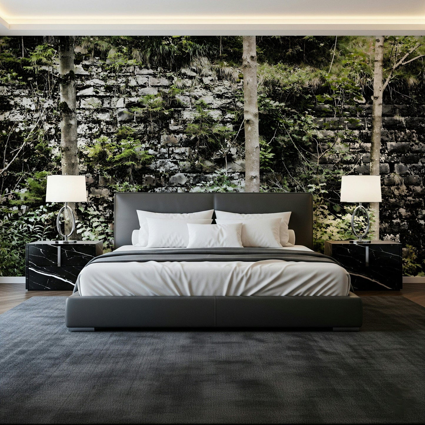 Weathered stone and foliage mural in lounge, muted grey and olive tones