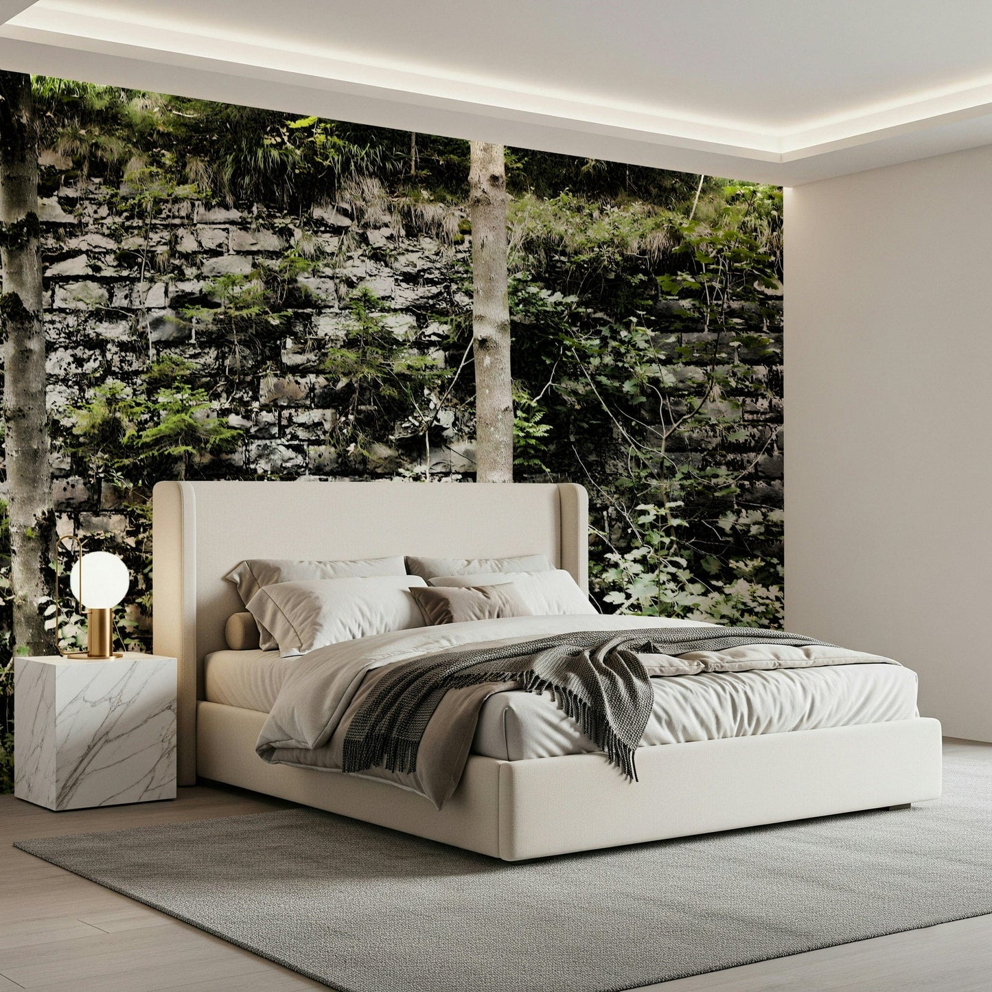 Nature-covered abandoned stone walls wallpaper on apartment feature wall