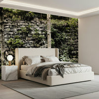 Nature-covered abandoned stone walls wallpaper on apartment feature wall