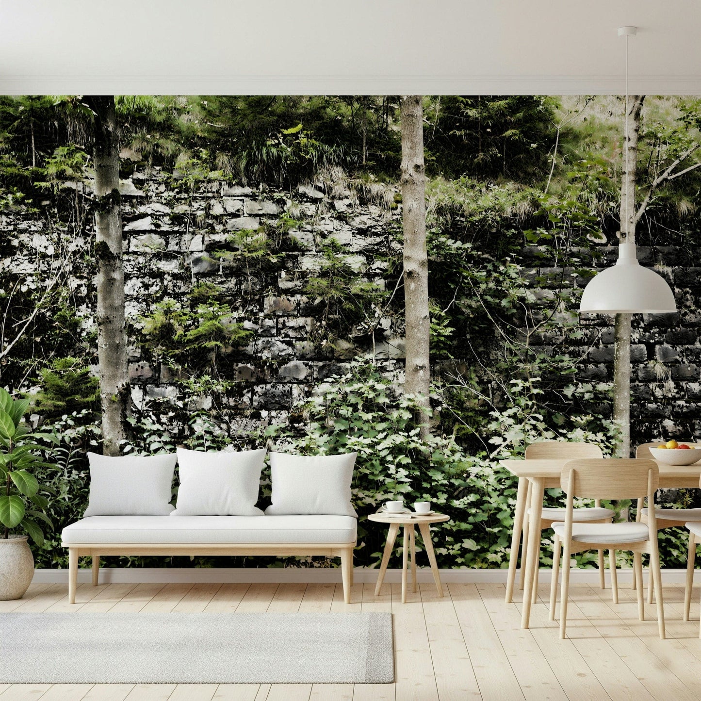 Overgrown Serenity wall mural in bedroom, calming green and grey stone detail