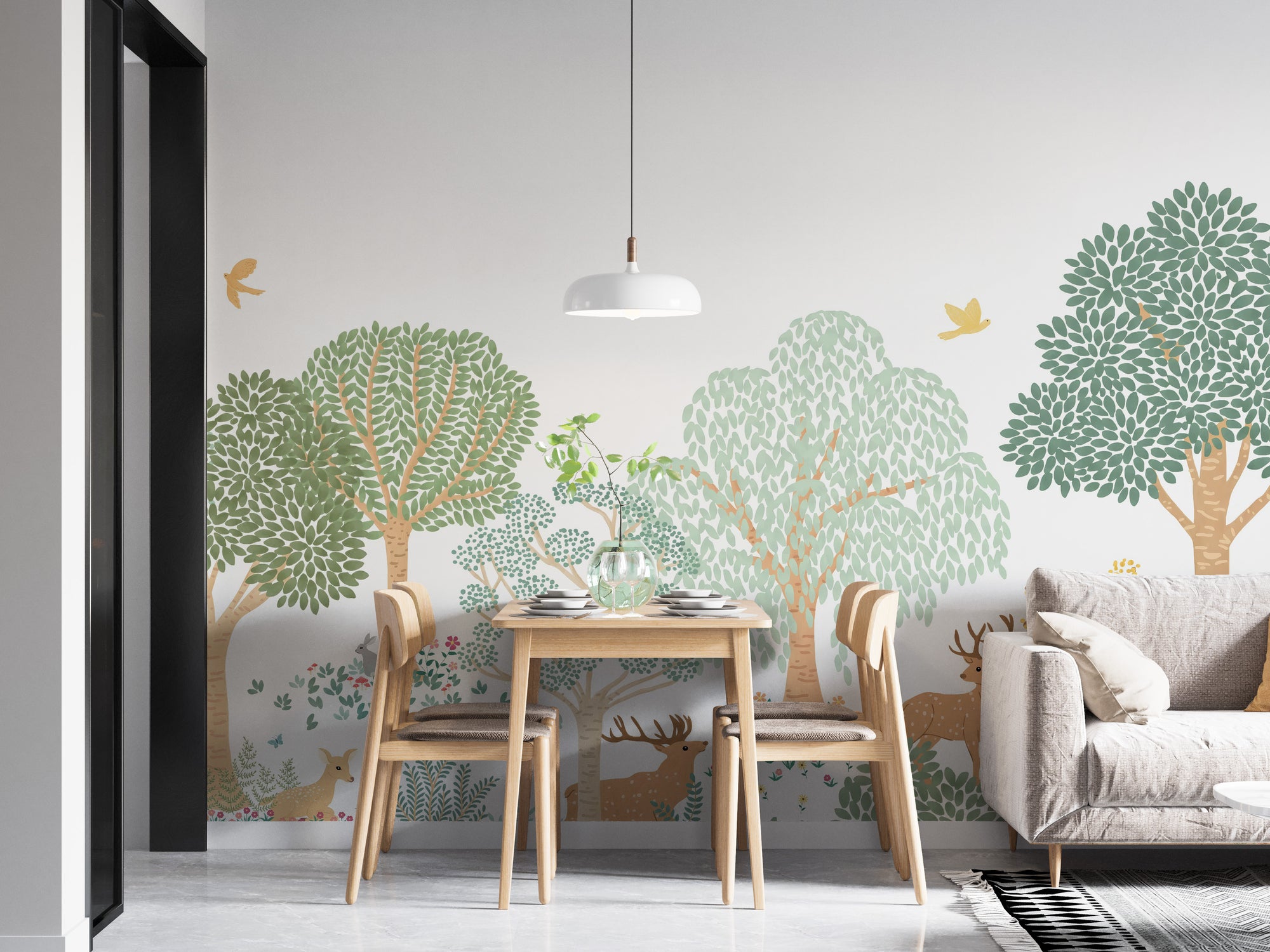 Green Forest Animals wallpaper mural of deer and birds among green trees behind a wood dining table