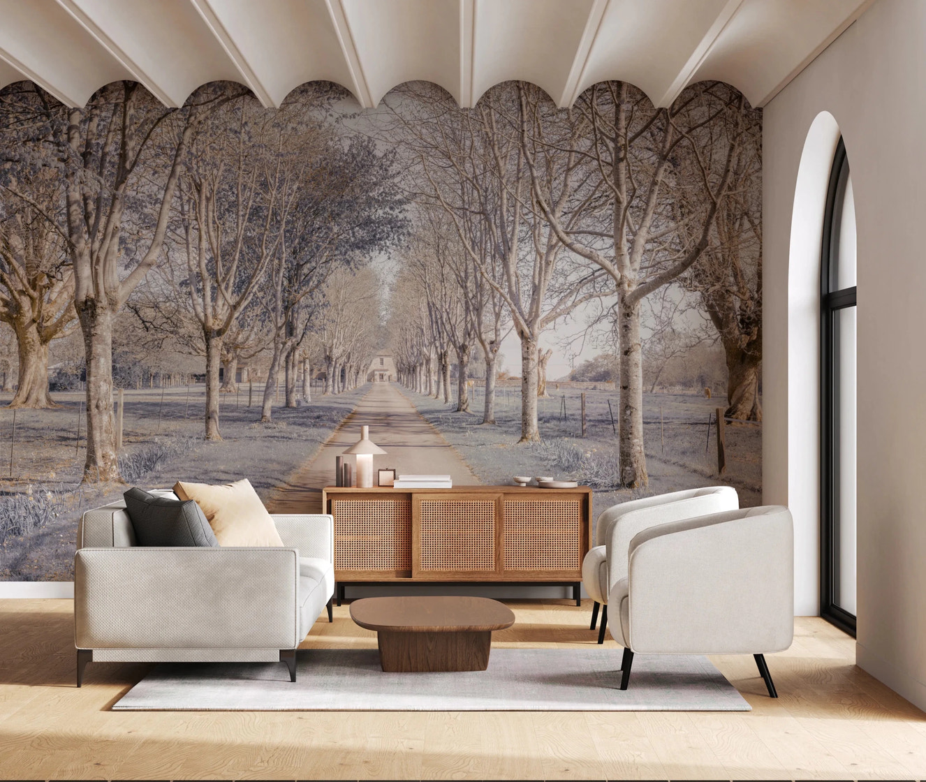 Nature's Corridor loving room Wall Mural featuring a tree-lined driveway path.