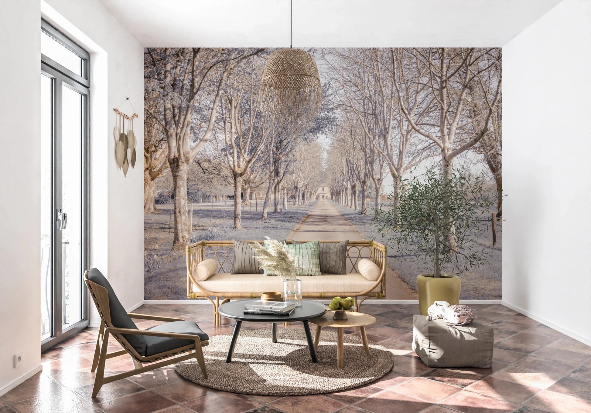 Gray and beige tree lane as seen in this Nature's Corridor Wall Mural.