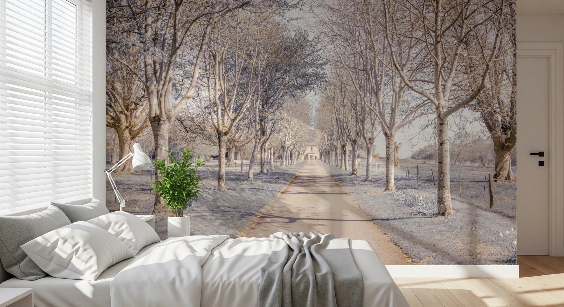 Calm woodland path print for bedroom Nature's Corridor Wall Mural series.