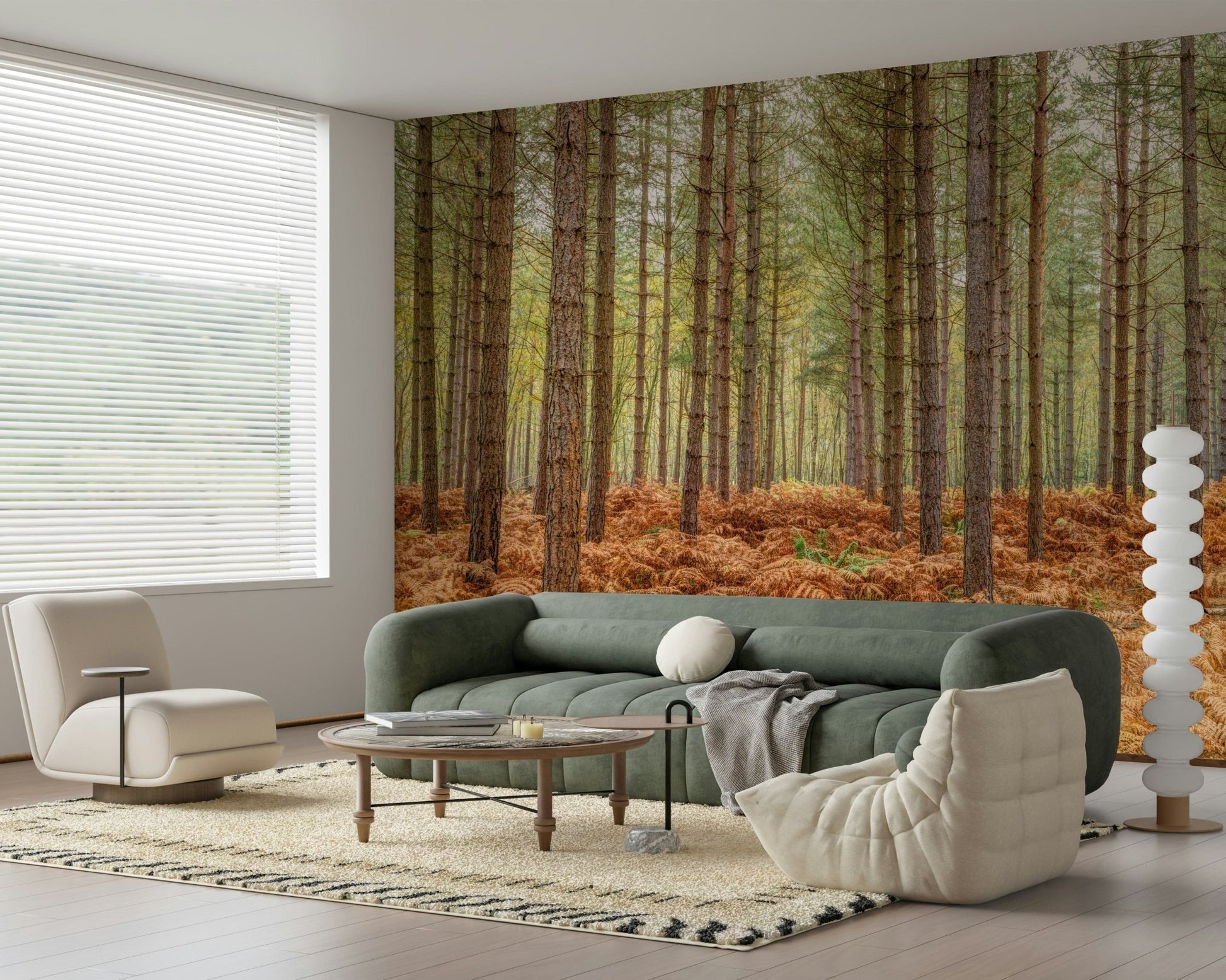 Nature forest mural on bedroom feature wall, calm green tones and soft light