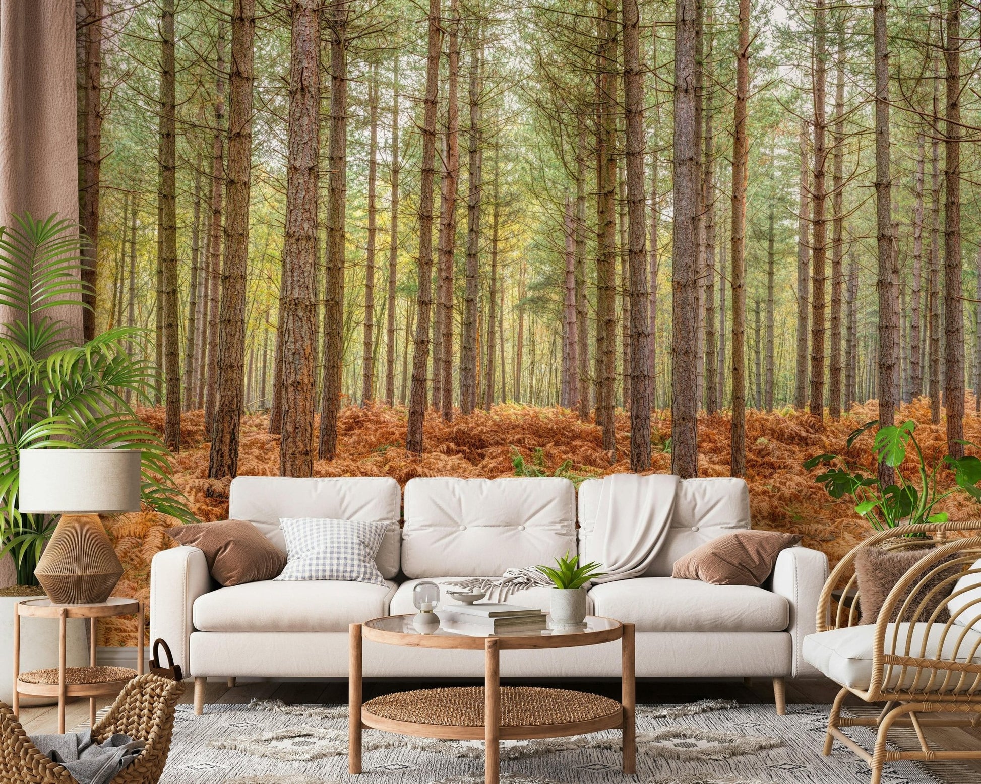 Home office feature wall with woodland mural, natural color palette, modern desk