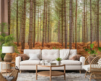 Home office feature wall with woodland mural, natural color palette, modern desk