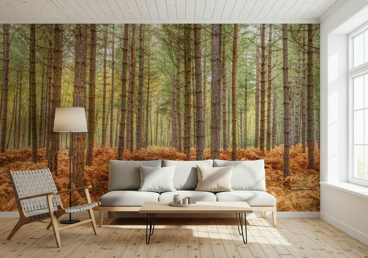 Minimal dining space with nature wall mural, green scenery behind table setting