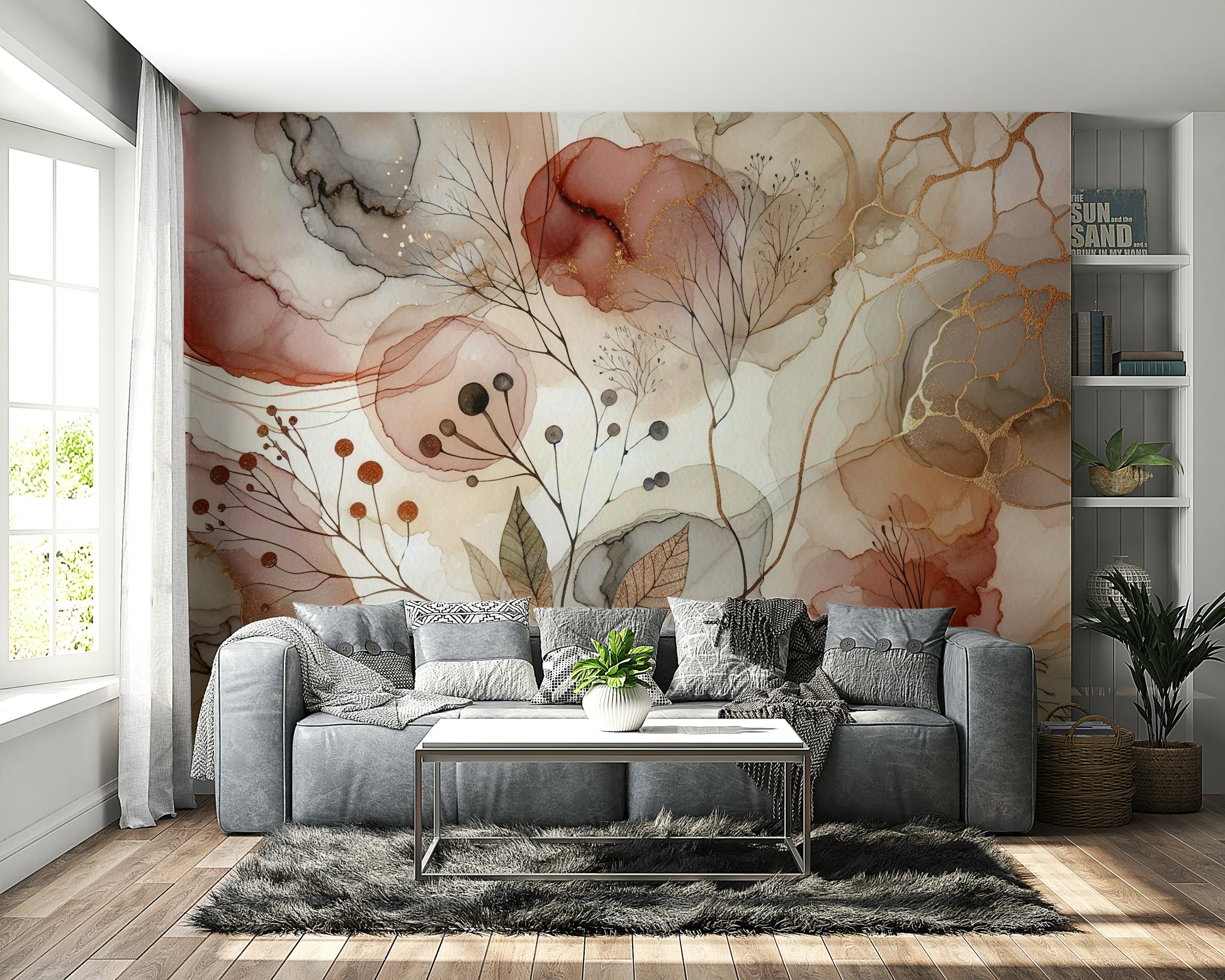Sophisticated botanical mural for a contemporary living space.