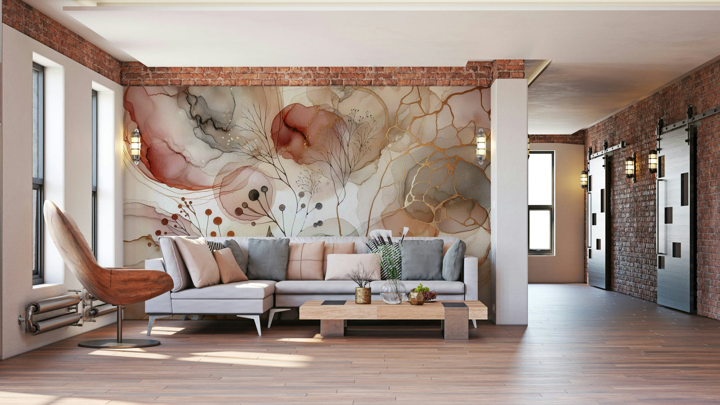 Home styling with a botanical mural in a modern master bedroom.