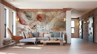 Home styling with a botanical mural in a modern master bedroom.