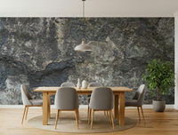 Nature’s Rock Wall Mural behind sofa in a modern apartment, stone texture wall decor