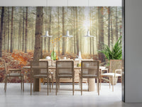 Warm color palette forest mural paired with soft lighting in a hallway.