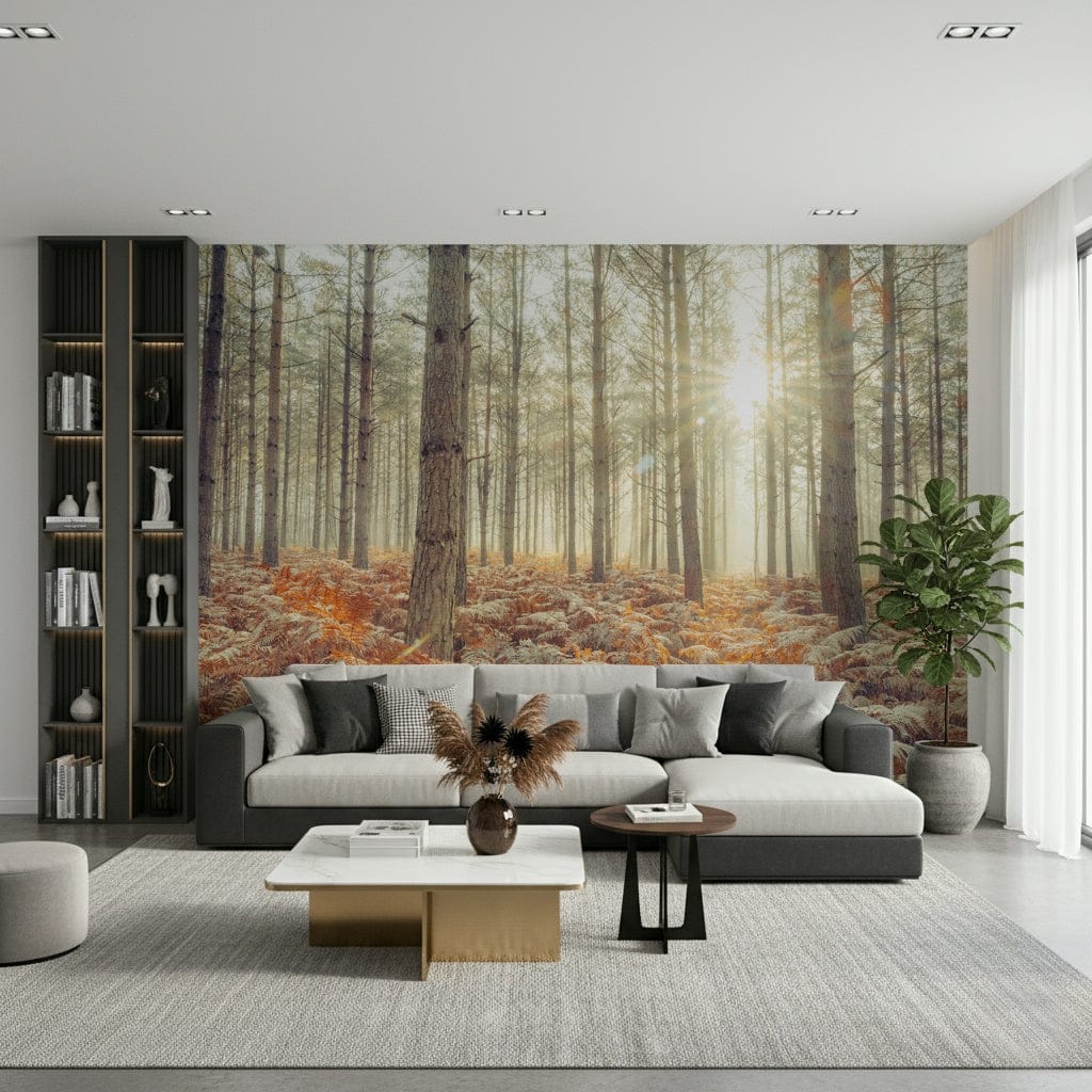 Detailed sunbeam imagery on a durable vinyl forest wall mural.