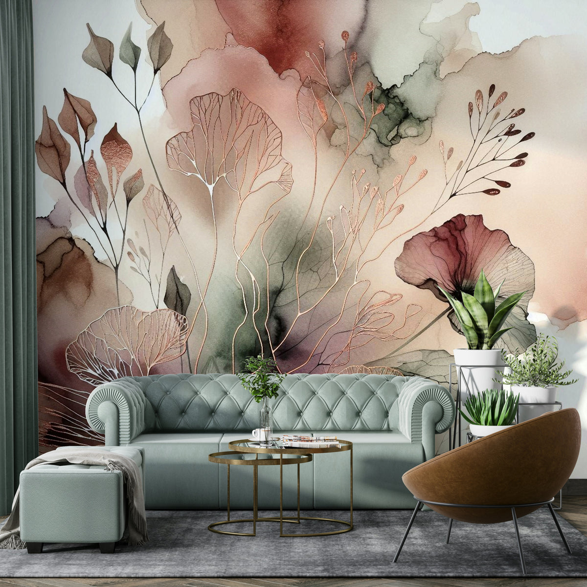 Soft botanical wallpaper for a peaceful master bedroom accent wall.