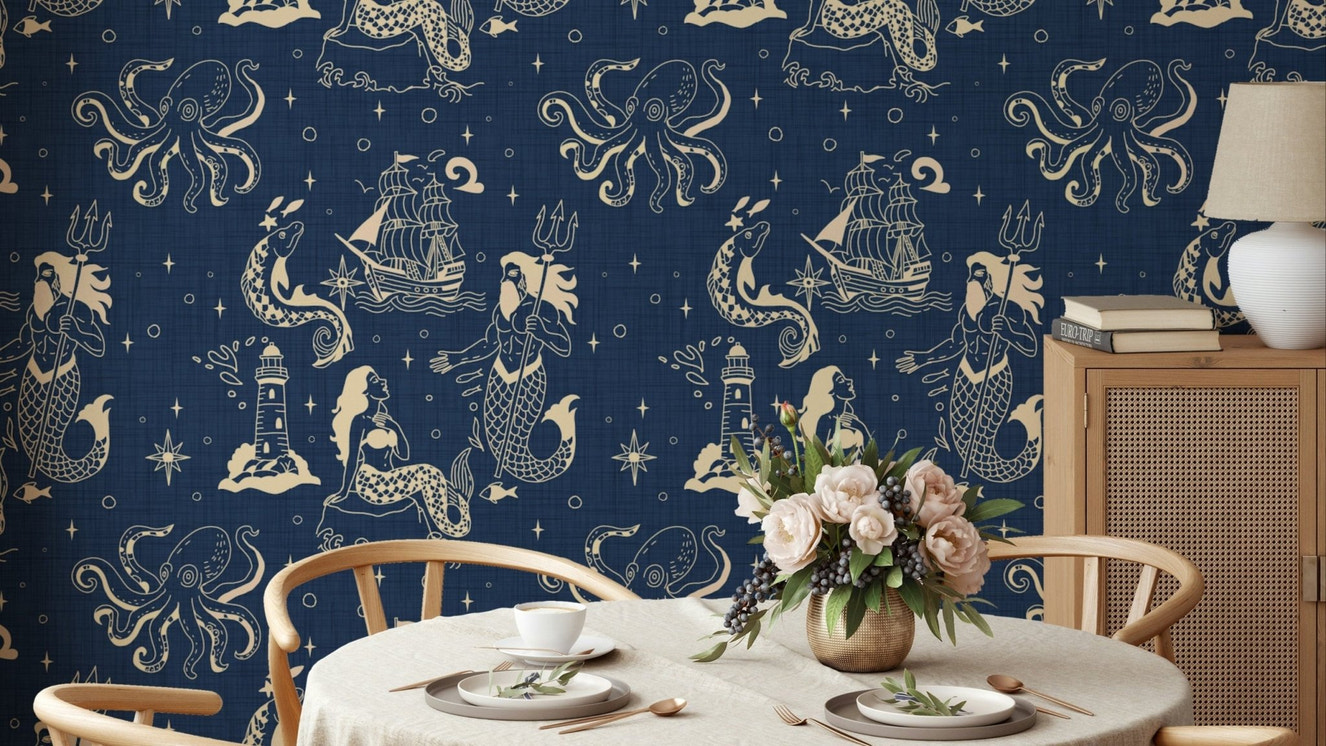 Nautical Mythology Inked mural wallpaper design

