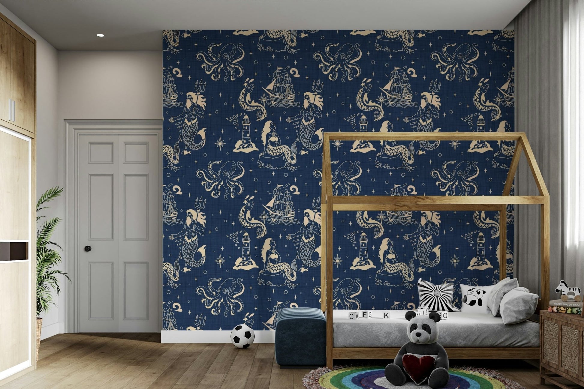 Retro coastal wallpaper with bold illustrations

