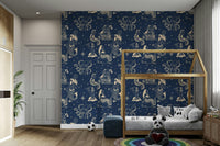 Retro coastal wallpaper with bold illustrations
