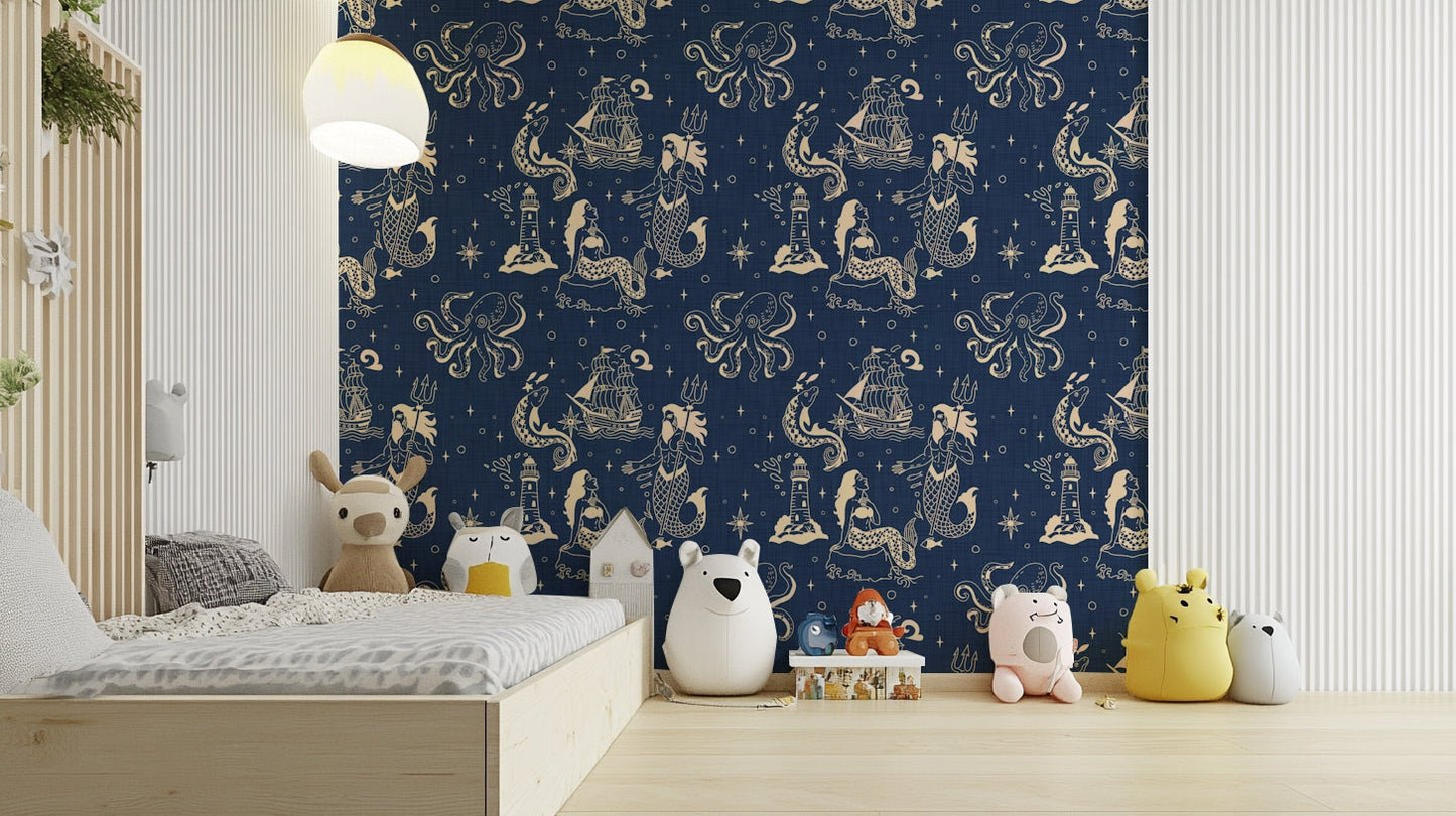 Retro ocean blue wallpaper with marine sketches
