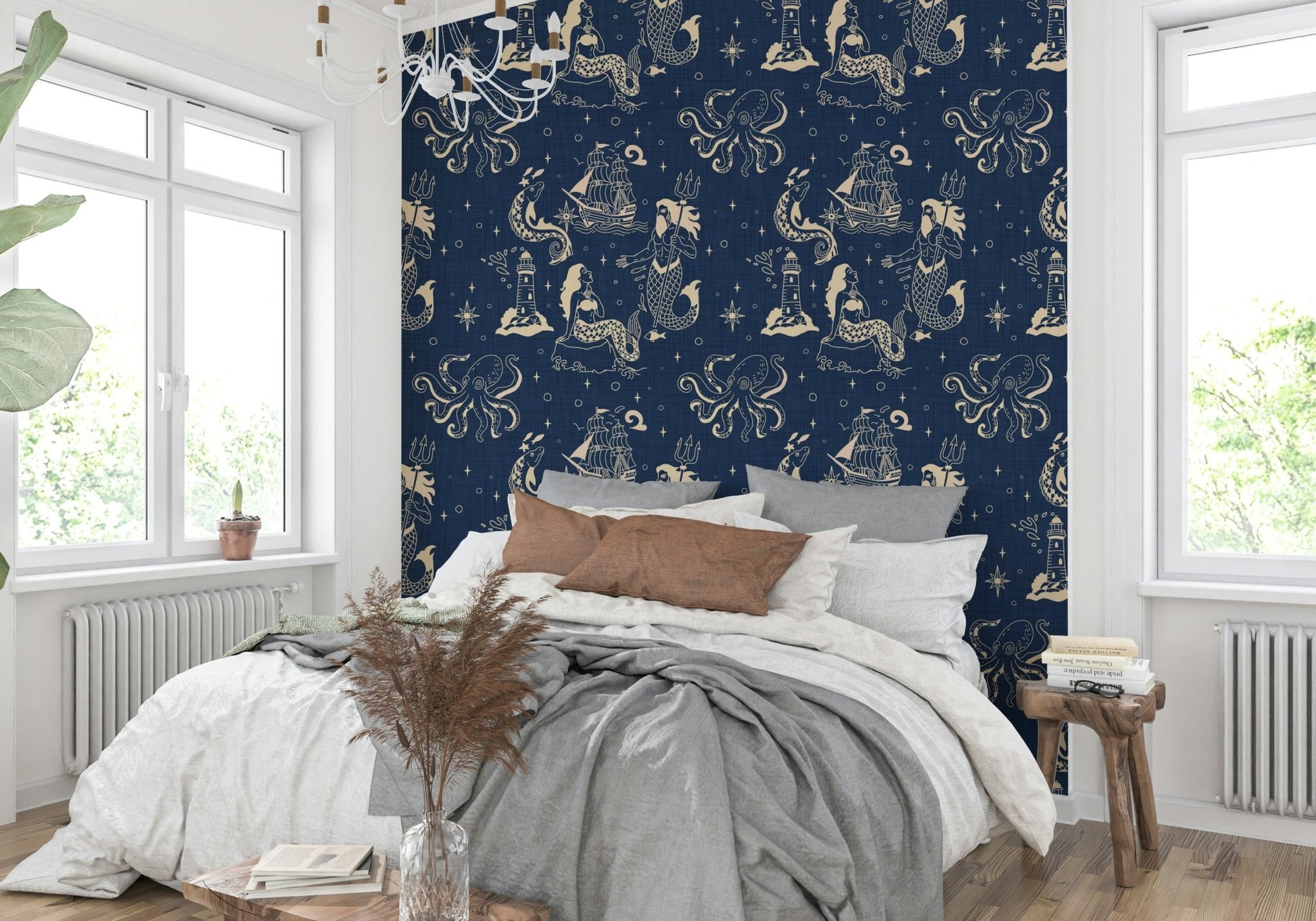Mythical sea creatures in vintage wall design
