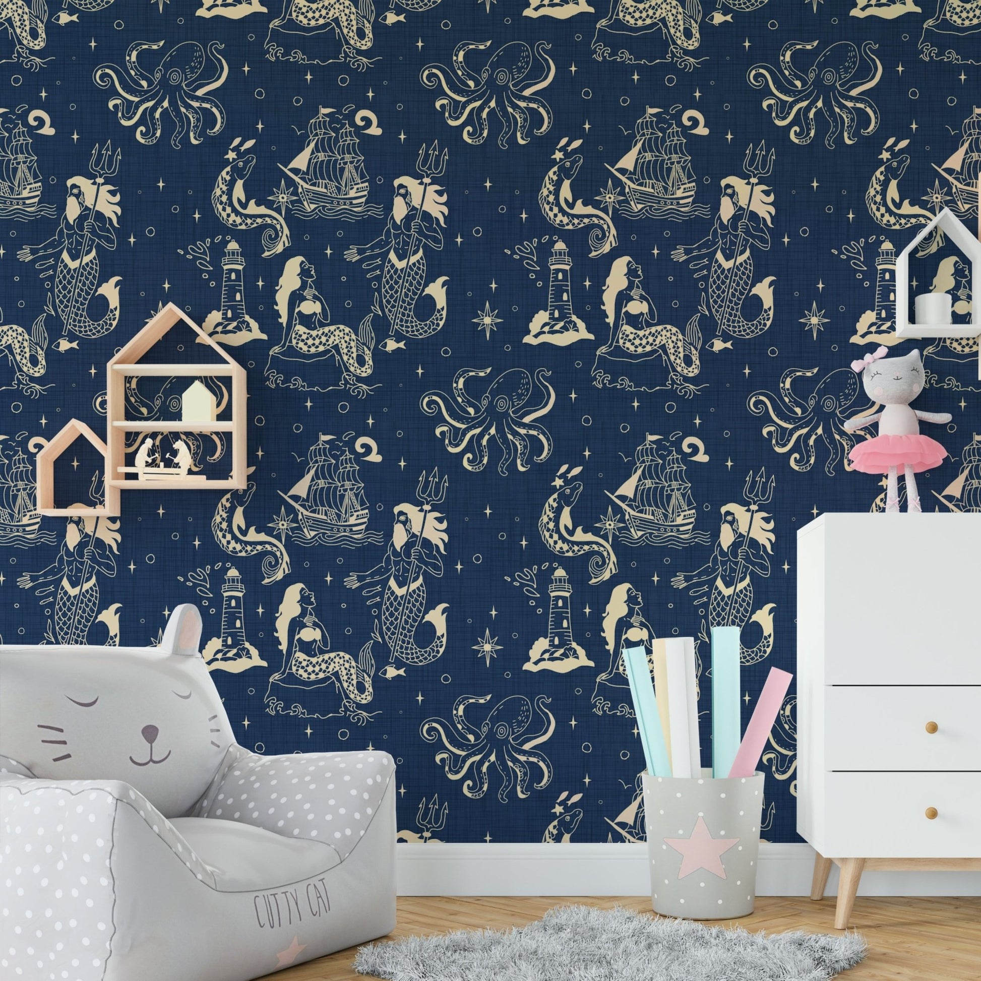 Hand-drawn nautical wallpaper for walls
