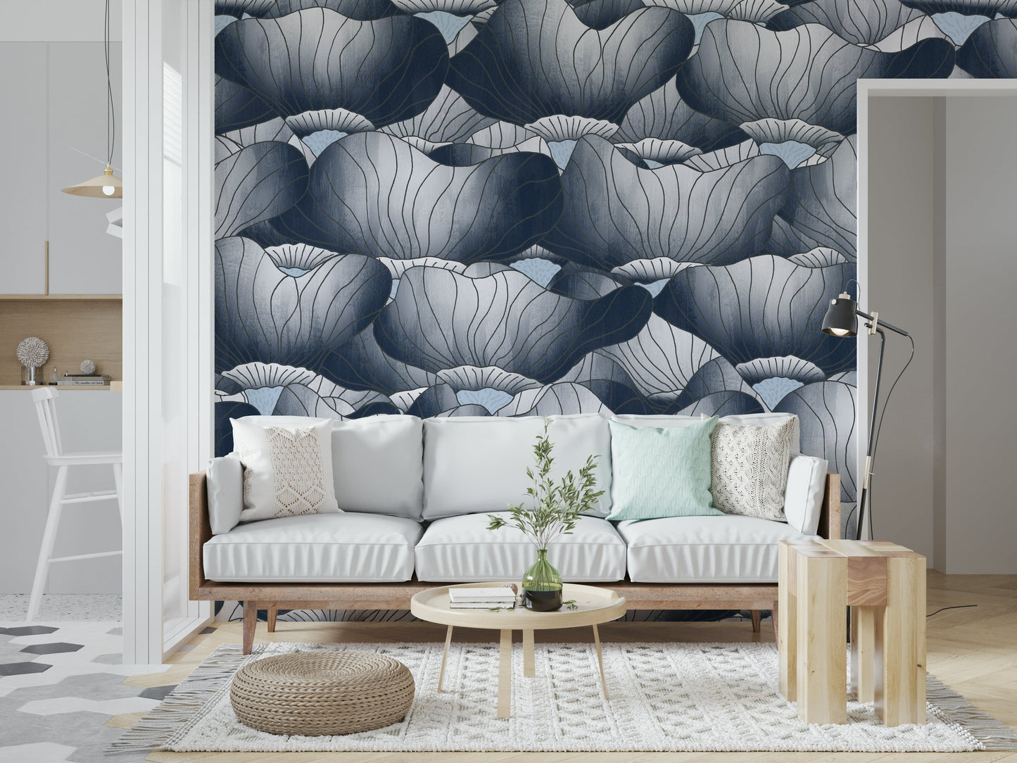 Navy Blue Botanical Bloom Waves  Wall Mural