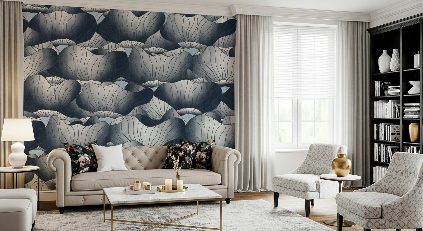 Navy Blue Botanical Bloom Waves  Wall Mural